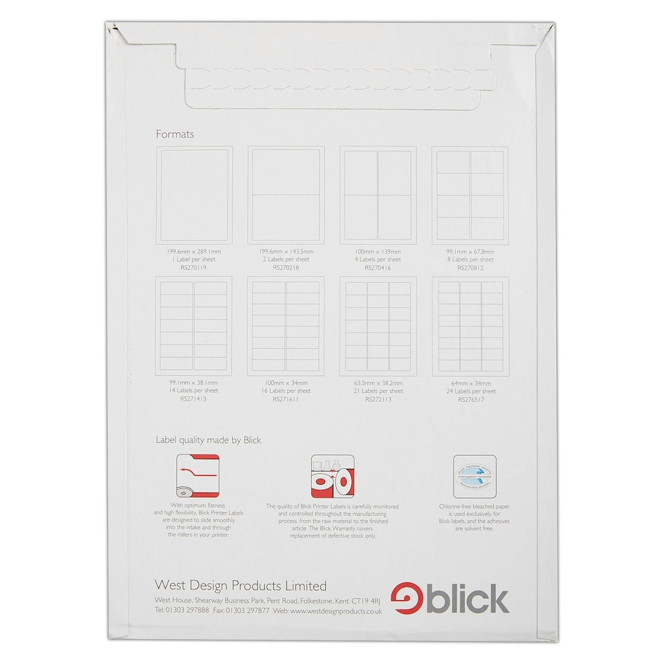 image 1 of Blick 24 Per Sheet 100 Sheets, 63.4mm x 33.9mm, Rectangular, White, 2400 Labels
