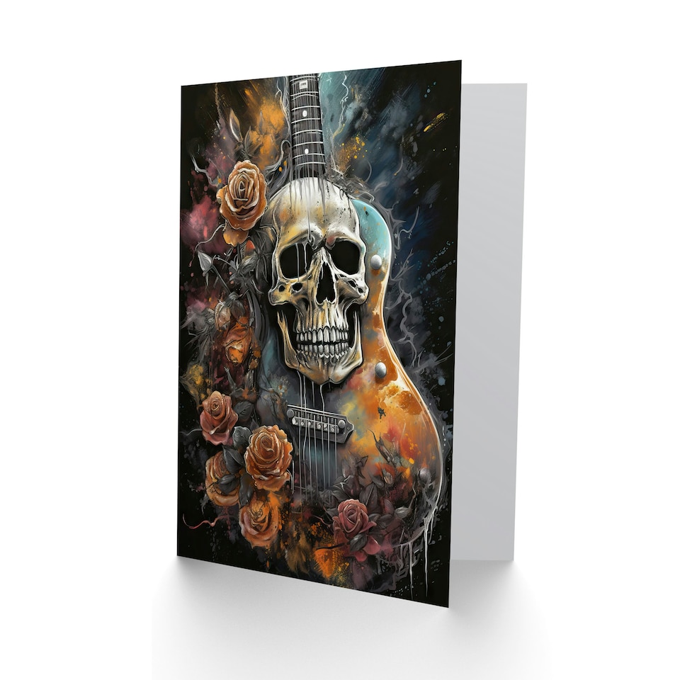 image 1 of Guitar With Roses and Skull Thrash Metal Music Gothic Greeting Card