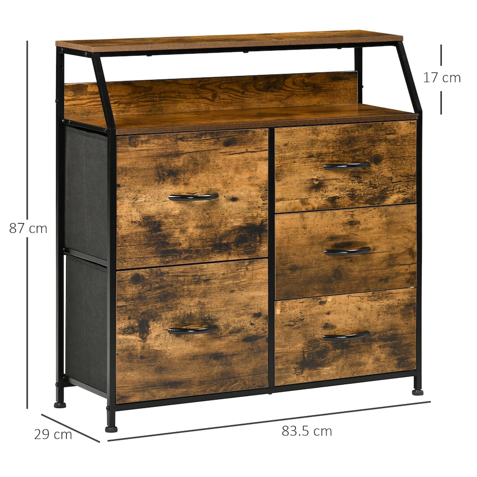 image 1 of HOMCOM Bedroom Chest of Drawers, Industrial 5 Fabric Drawer Dresser with Open Shelf for Living Room, Rustic Brown