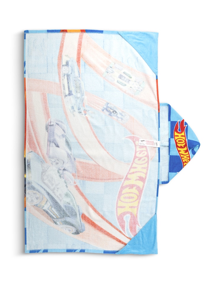 image 1 of Hot Wheels Race Track Boys Blue Poncho Towel | Hooded Beachwear with Multi-Car Graphics & Checkered Pattern | Poolside Cover-Up | After-Bath Towel for Kids | Hot Wheels Merch