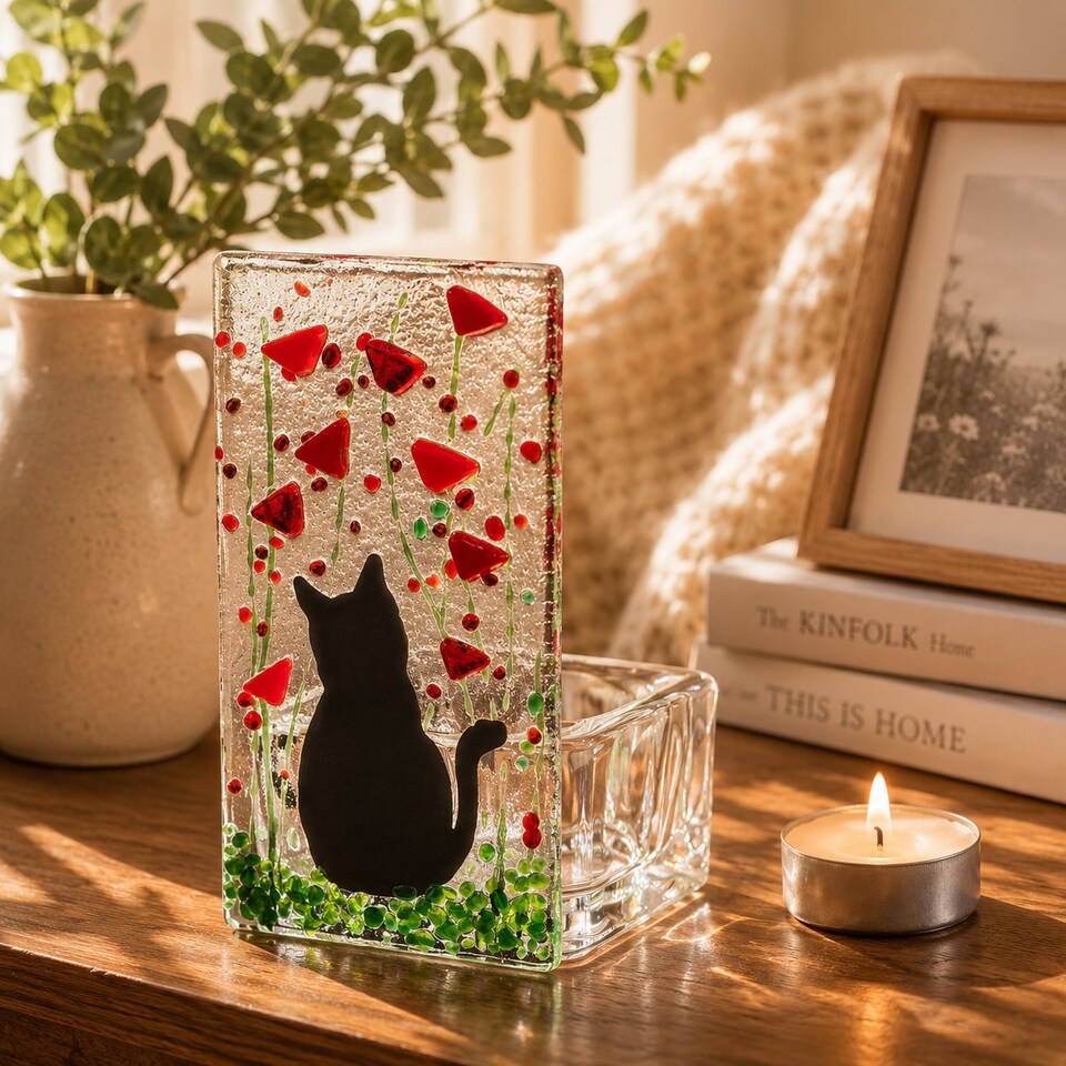 image 1 of Fused Glass Tea Light Holder – Cat & Poppy Design (Handmade)