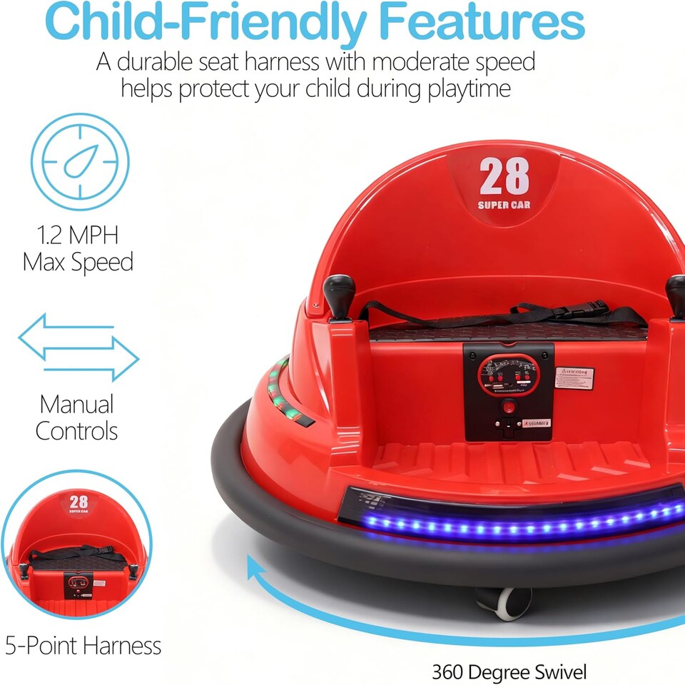 image 1 of Alivio Remote Control Bumper Car for Kids, 360° Spin with Lights, Music & Safety Belt (Red)