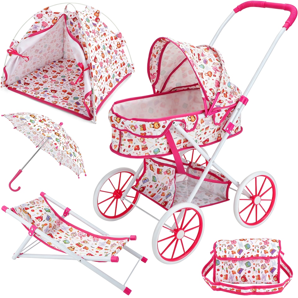 image 1 of Kids Baby Doll Stroller & Accessories Set – Tent, Beach Chair, Umbrella & Bag, Role‑Play Toy for Girls & Boys Ages 3+