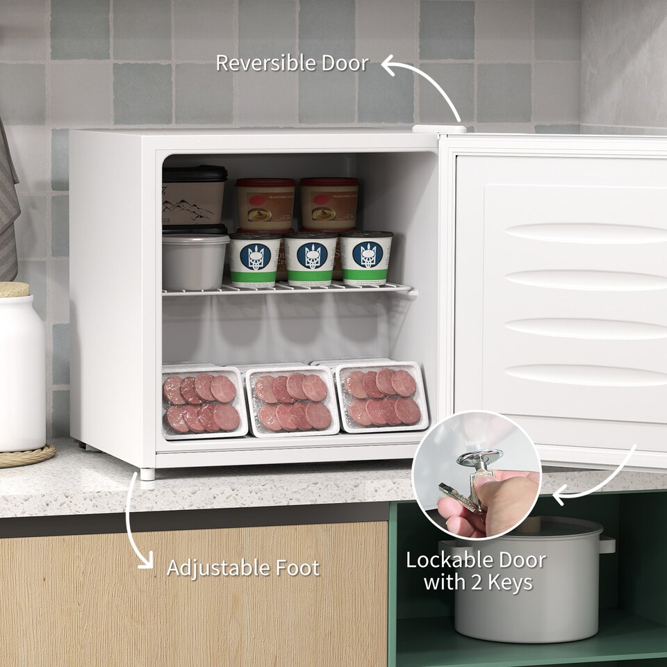 image 1 of HOMCOM Tabletop Mini Freezer with 35 Litre Capacity, Small Lockable Freezer with Reversible Door, Two Keys, Adjustable Temperature and Removable Wire Shelf for Bedrooms, Home Office, White | White