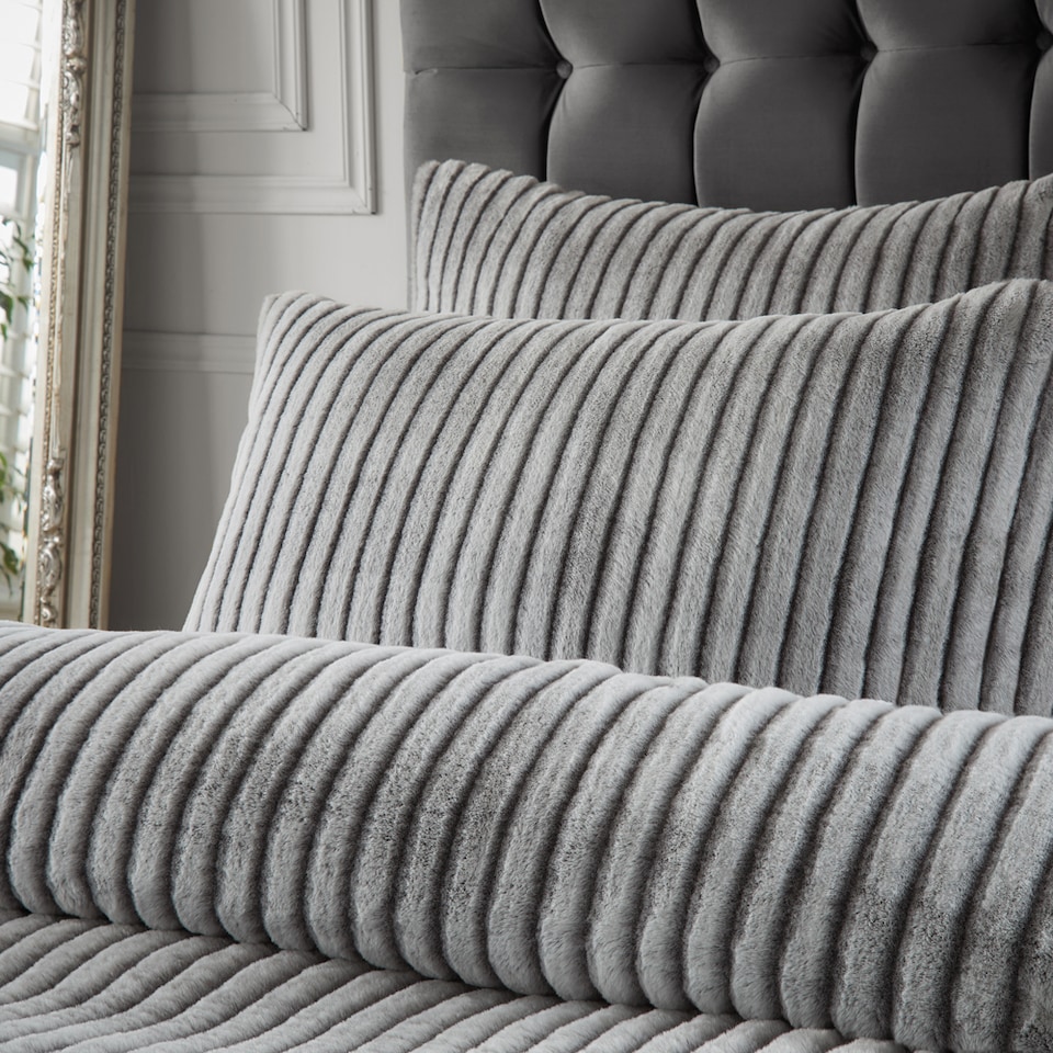 image 1 of Paoletti Alpine Striped Faux Fur Duvet Cover Set | Grey | Grey | King