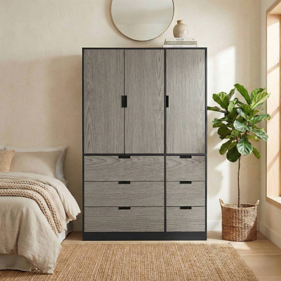 image 1 of RIGA 3 Door 6 Drawer Wardrobe | Black | Black & Cedar Grey | 10 x 44.5 x 79 | 1