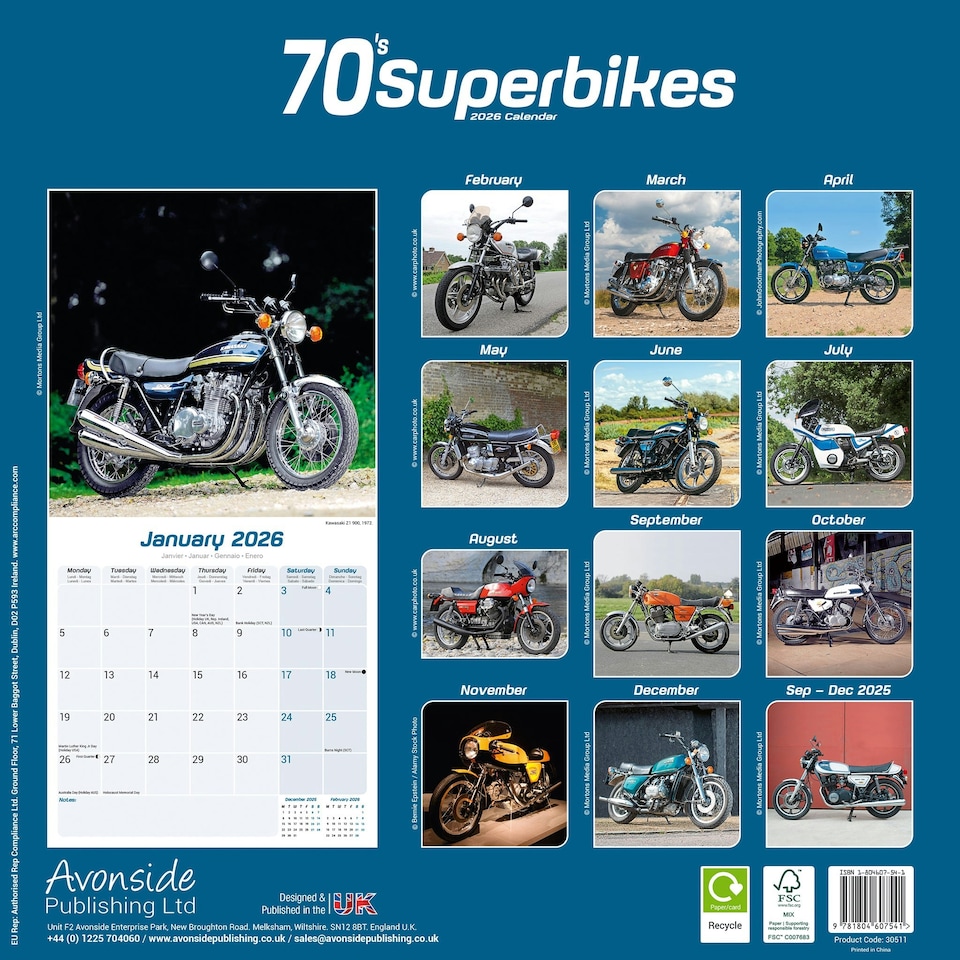 image 1 of 70's Superbikes 2026 Calendar | Square Wall Calendar | Motorcycle Gift | Plastic Free Packaging | by Avonside Publishing