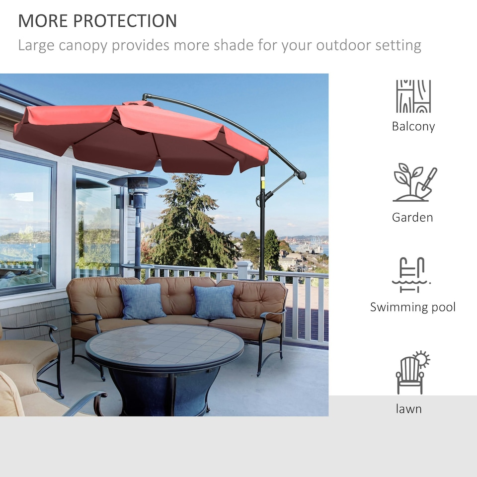 image 1 of Outsunny 2.7m Garden Cantilever Banana Parasol Sun Shade w/ Crank, Wine Red