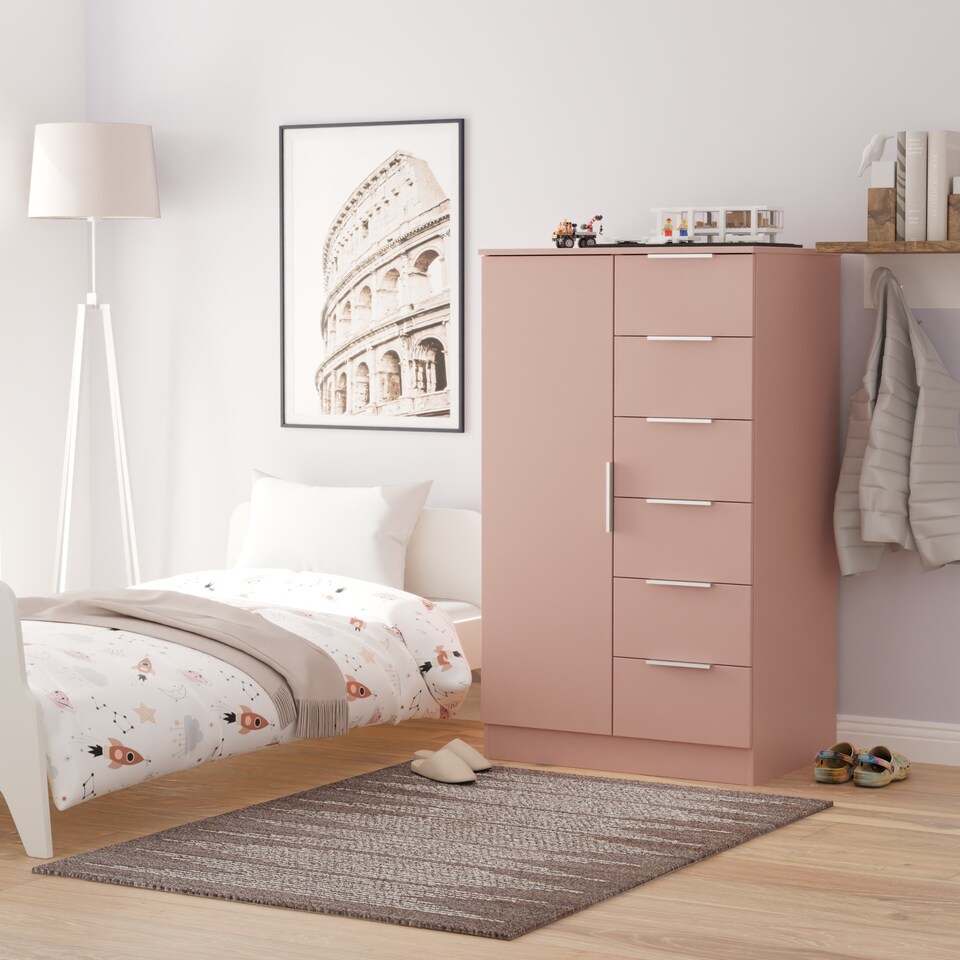 image 1 of Dover 5 Drawer 1 Door Childrens Wardrobe in Kobe Pink (Ready Assembled) | Pink | Kobe Pink