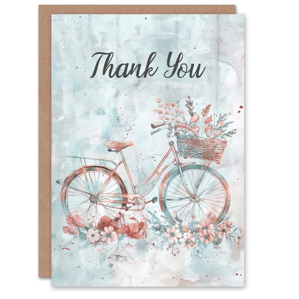 image 1 of Vintage Bicycle Flower Basket Light Watercolour Thank You Card