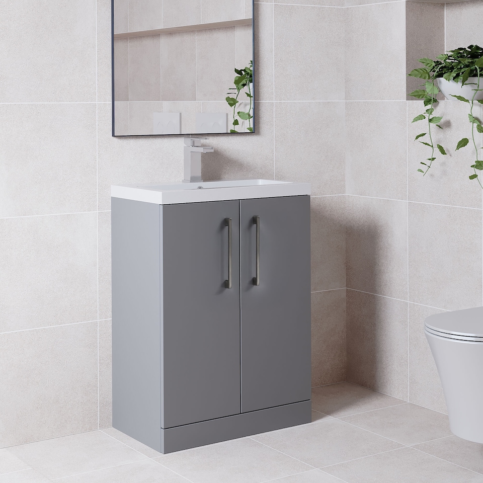 image 1 of Balterley Level Compact Bathroom Cloakroom Vanity Basin Unit with Polymarble Basin, Handles | Grey | Satin Grey | 840 x 605 x 360mm
