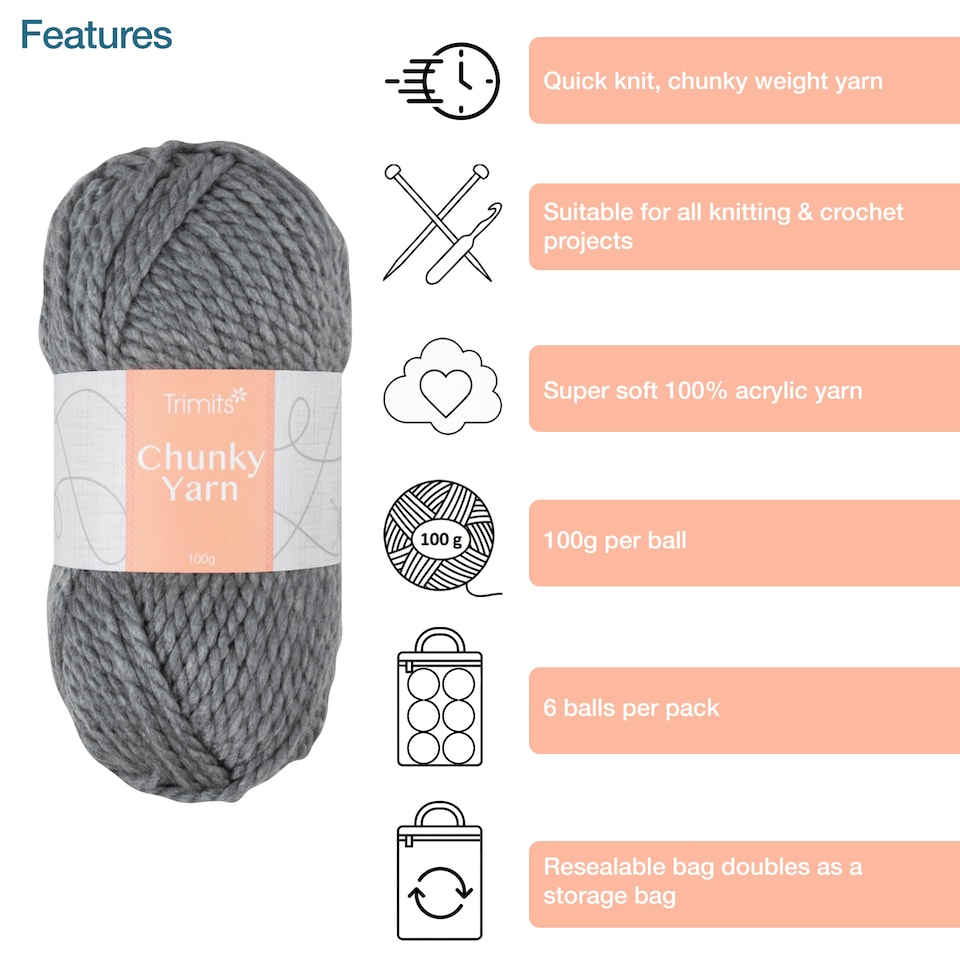 image 1 of Trimits Chunky Knitting Yarn 6 x 100g Acrylic Knitting & Crochet Wool Soft Touch Machine Washable OEKO-TEX