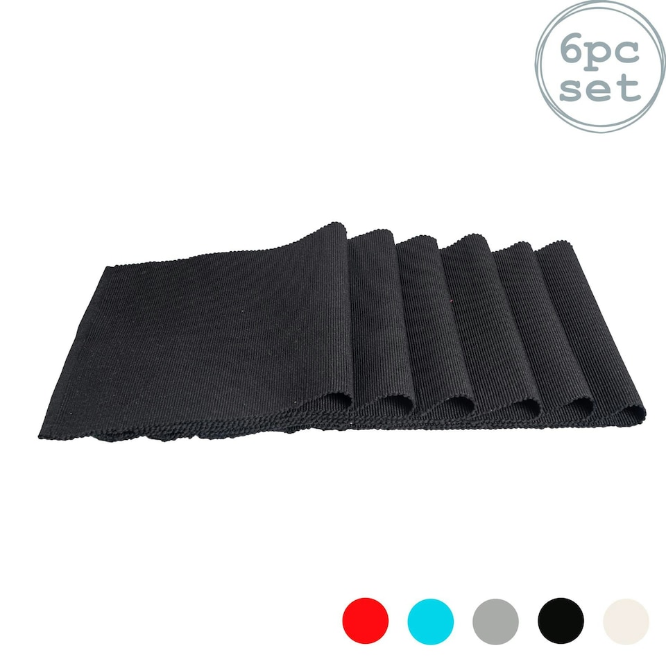 image 1 of Nicola Spring Ribbed Cotton Placemats - 48 x 33cm - Black - Pack of 6 Black