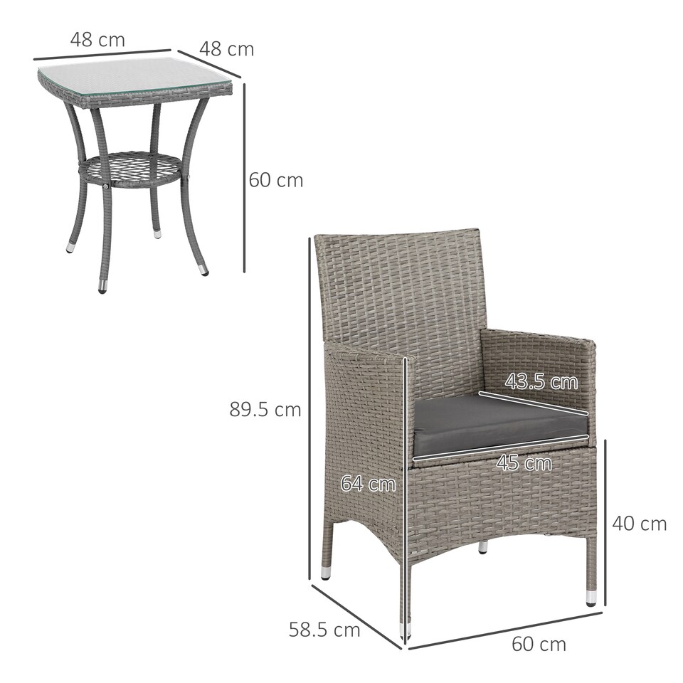 image 1 of Outsunny 3 Pieces Rattan Bistro Set, Wicker Garden Furniture Set with 2 Tier Coffee Table and Chairs, Washable Cushions, for Outdoor Patio Balcony, Grey