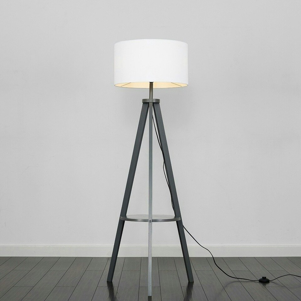 image 1 of ValueLights Morrigan White Shade Grey Wood Tripod Floor Lamp White