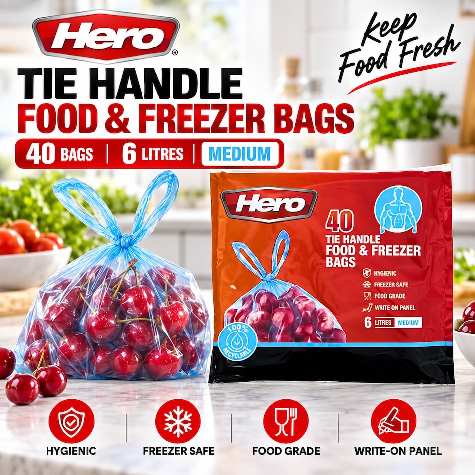image 1 of Hero Tie Handle Food Storage Bags 6L Pack of 40 Reusable BPA Free Freezer & Sandwich Bags with Airtight Seal for Fruits, Vegetables, Meat and Grains