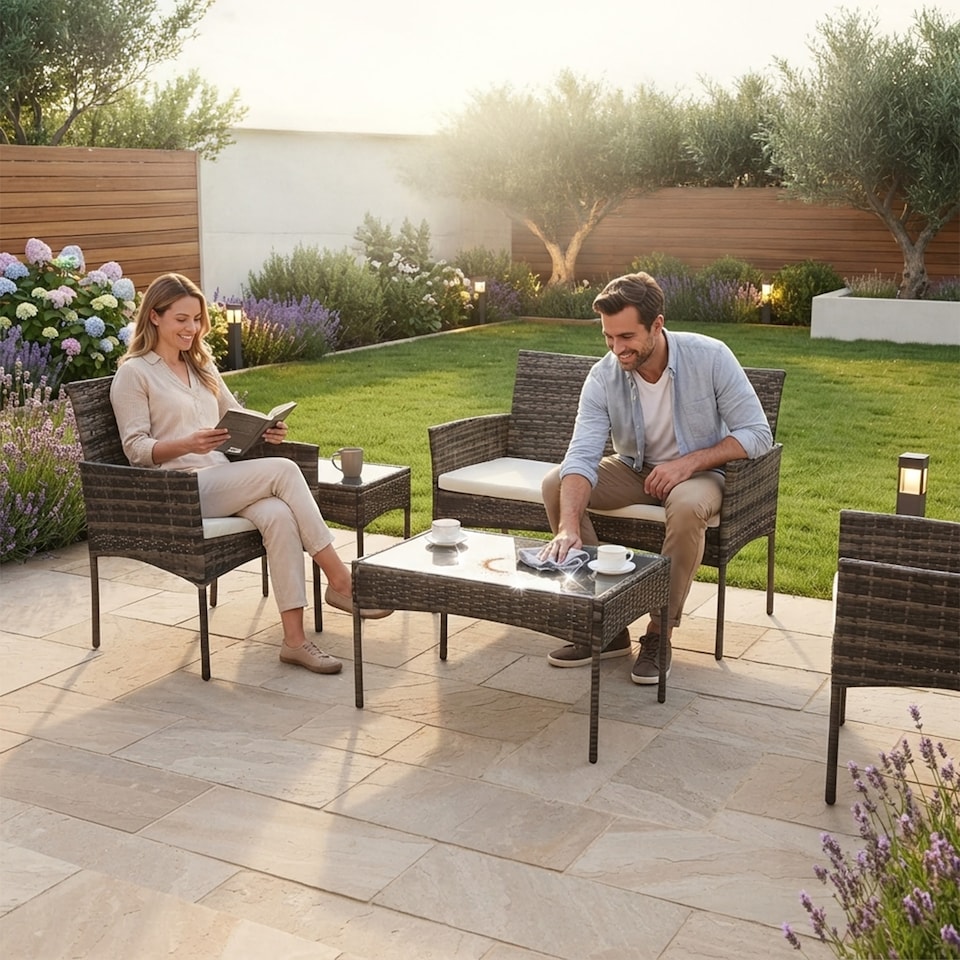 image 1 of Alivio 4-Seater Rattan Furniture Set with Coffee Table & Anti-UV Cushions for Indoor, Outdoor Patio