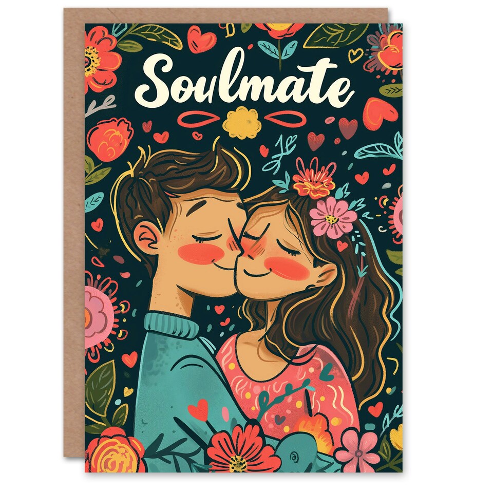 image 1 of Soulmate Couple Hugging Floral Anniversary Valentines Her Wife Card