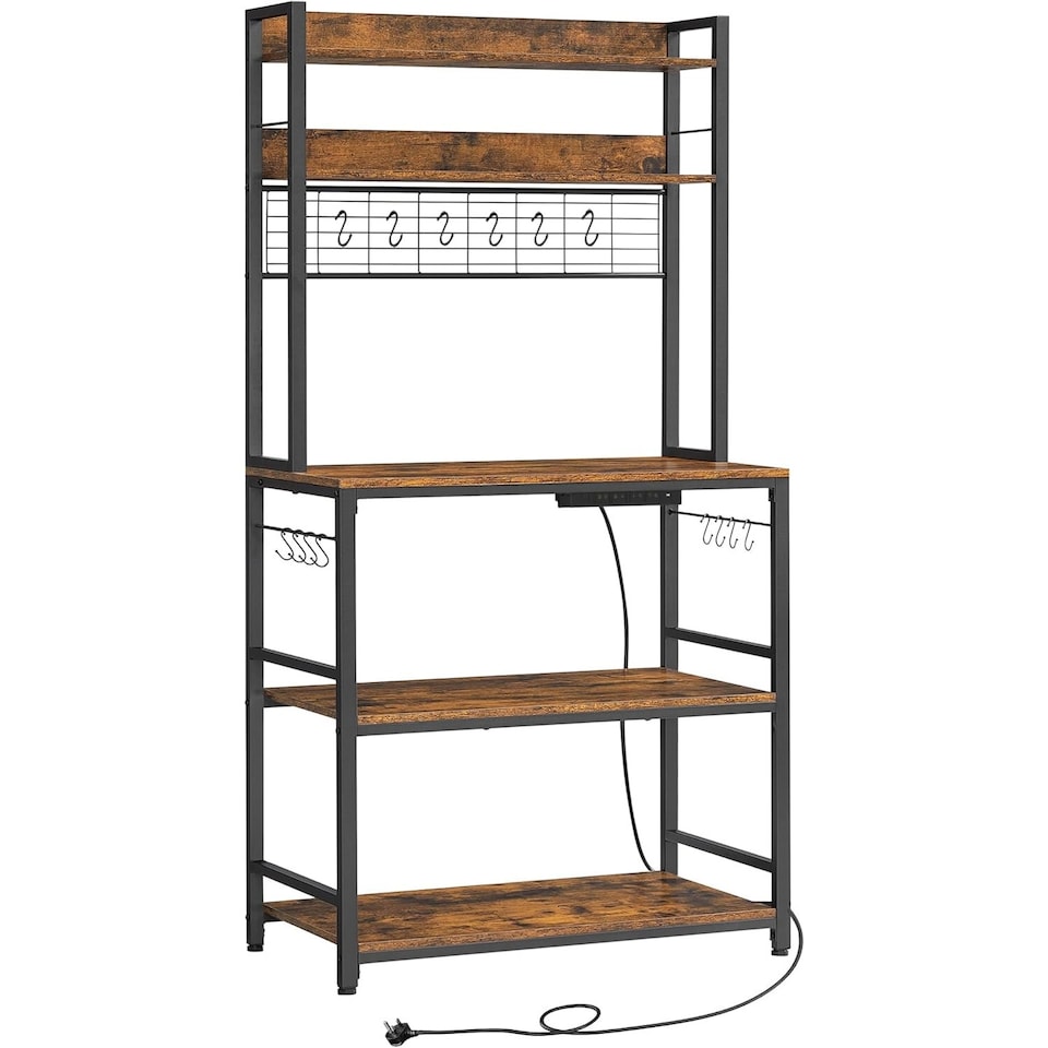 image 1 of Kitchen Storage Rack with Power Outlet, Coffee Station Style Baker’s Rack with Hooks and Panel, Rustic Brown and Ink Black