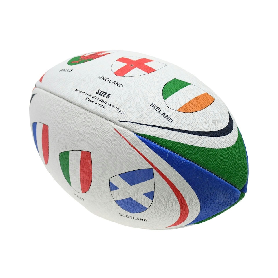Gioco International Tournament Themed Rugby Ball - White/Multicoloured - 5