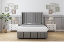 Sloomy Melbourne Pewter Dumfries Divan Bed With Mattress No Drawers With 54" Wingback Headboard & 12" Matching Footboard 4'6 Double | Grey | Pewter | Double | 1