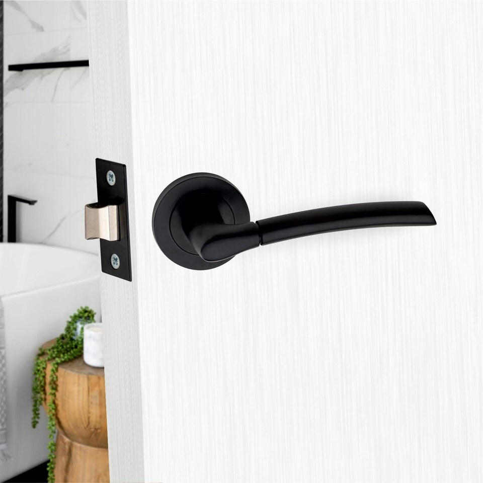 image 1 of Golden Grace Indiana Design Door Handles Set on Round Rose in Matt Black Finish with 64mm 3 Lever Mortise Lock & Key Hole Black