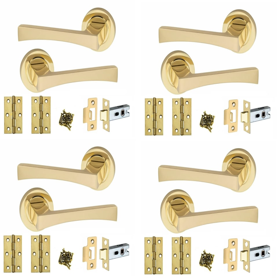 image 1 of Golden Grace 4 Pairs Wave Design Door Handles Latch on Round Rose in Electro Brass Finish with 2.5" Tubular Latch and 3" Standard Butt Hinges - 52mm Diameter Gold