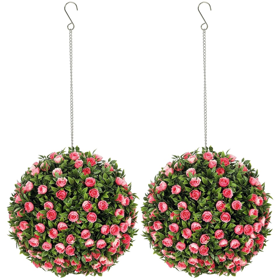 image 1 of HOMCOM Set of 2 Artificial Plant Topiary Rose Balls, Faux Plants, Pink