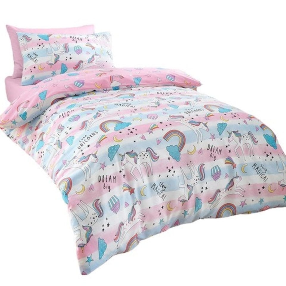 image 1 of Portfolio Home Dreamy Unicorns Duvet Cover Set - Pink/Blue/Multicoloured - Single | Pink | Single
