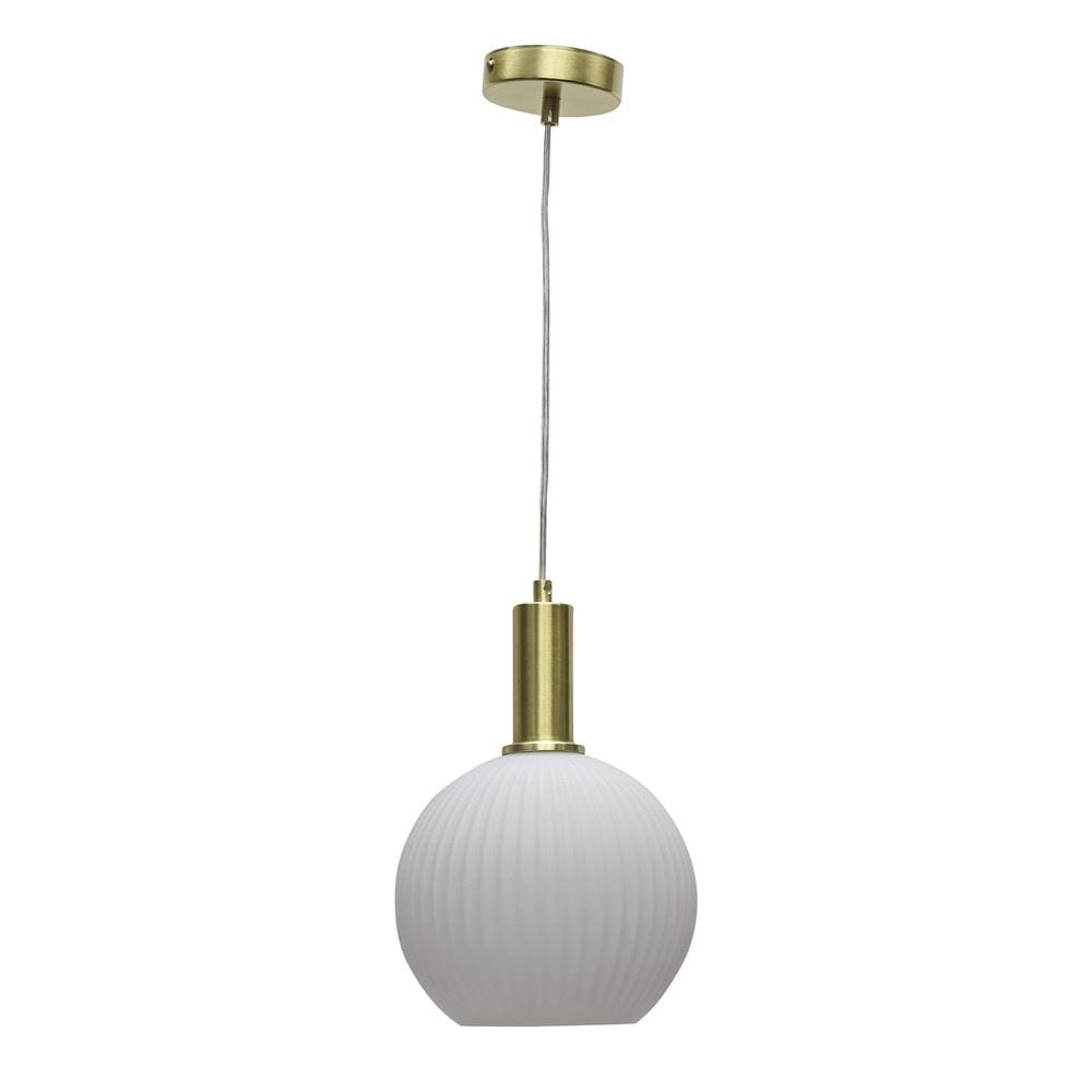 First Choice Lighting Betchley - White Ribbed Glass Globe Satin Brass Deco Pendant Fitting
