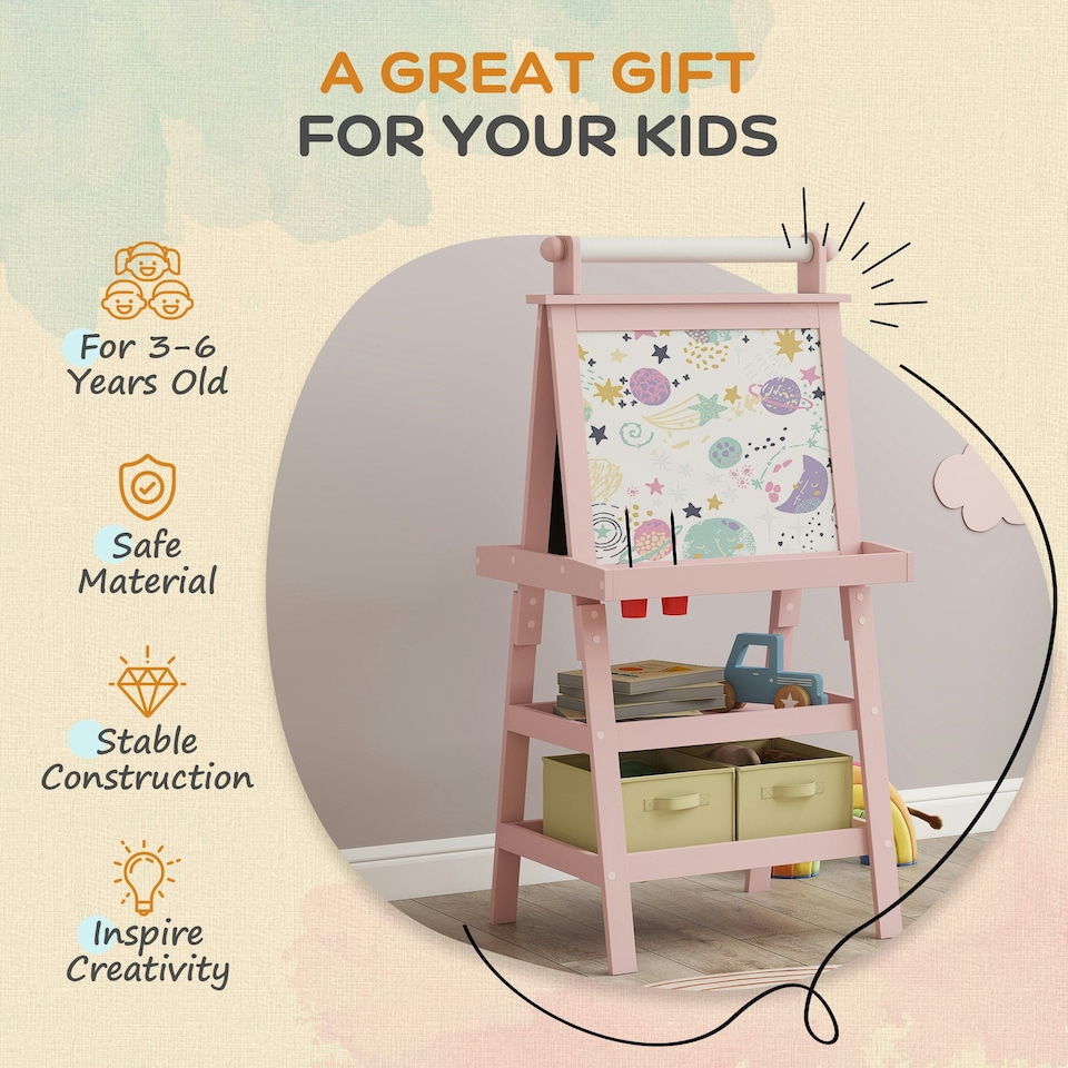 image 1 of AIYAPLAY Art Easel for Kids with Paper Roll, 3 in 1 Kids Easel Double-Sided Magnetic Whiteboard and Chalkboard with Storage Baskets, for Children 3-6 Years 