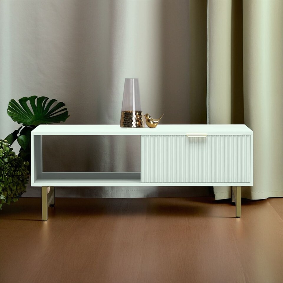image 1 of Modern White Coffee Table with Storage, Gold Metal Legs and Handles, Stylish Centre Table for Living Room and Lounge