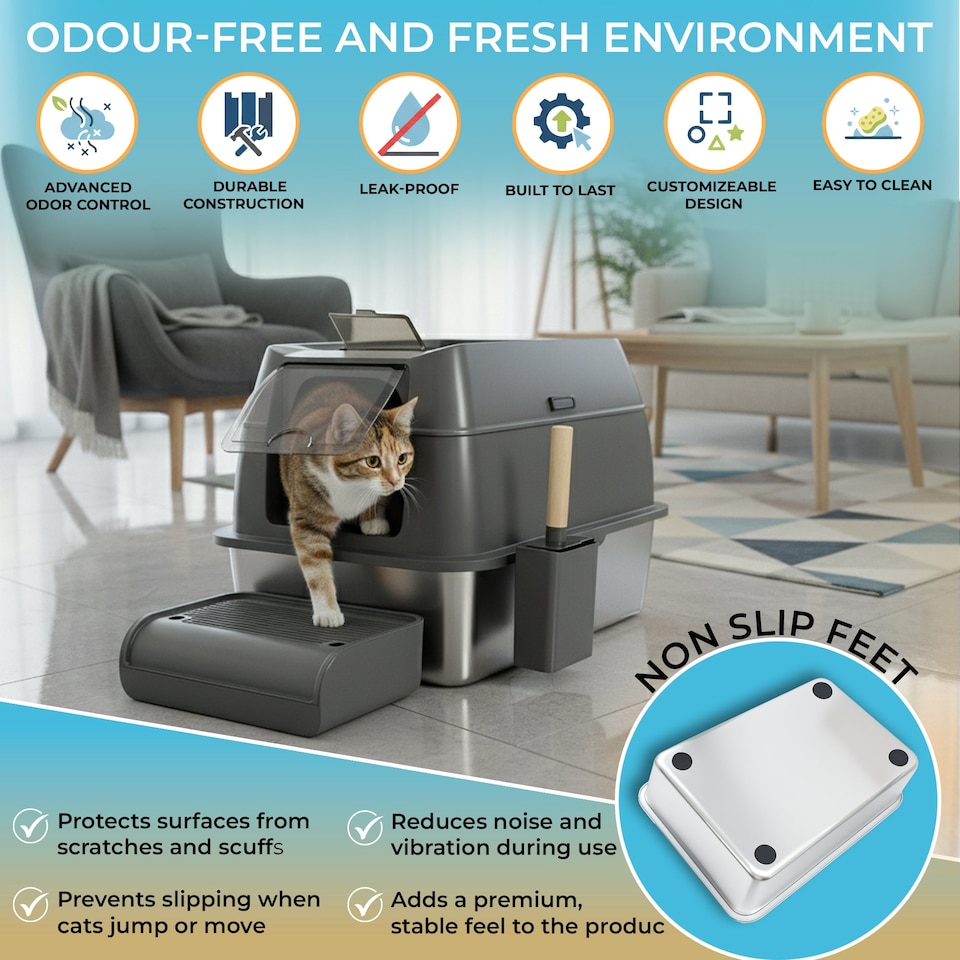 image 1 of IGAD XXL Stainless Steel Cat Litter Box – High Sides, Non-Stick, Easy Clean, Odour Control, Removable Lid & Scoop (Grey)