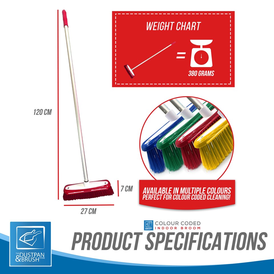image 1 of Colour Coded Indoor Sweeping Broom with Scraper