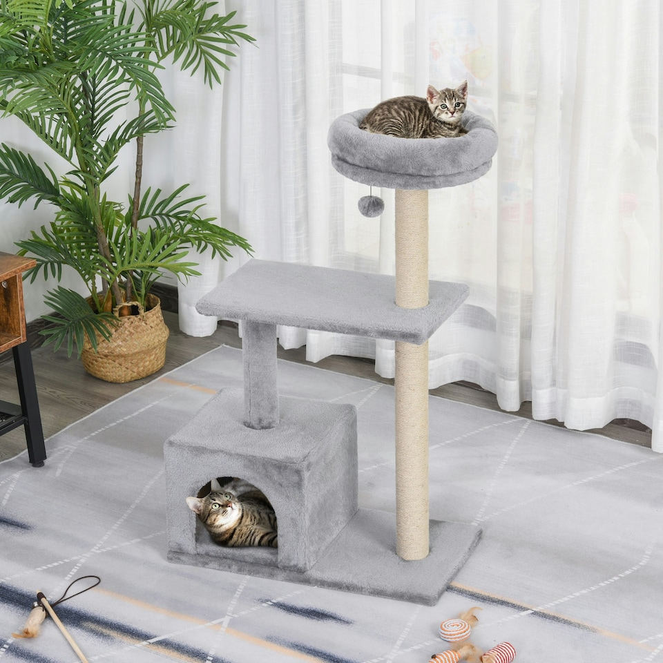 image 1 of PawHut Cat Tree Tower Indoor with Condo Sisal Scratch Post, 96cm Tall, Grey