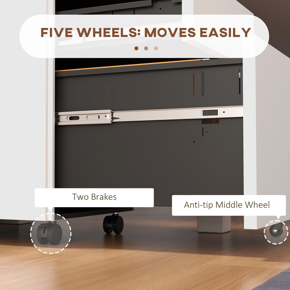 image 1 of Vinsetto 3-Drawer Vertical Filing Cabinet with Pencil Tray, Lock and 5 Wheels, Steel Mobile File Cabinet, for A4, Legal and Letter Size, Pre-Assembled Body, White