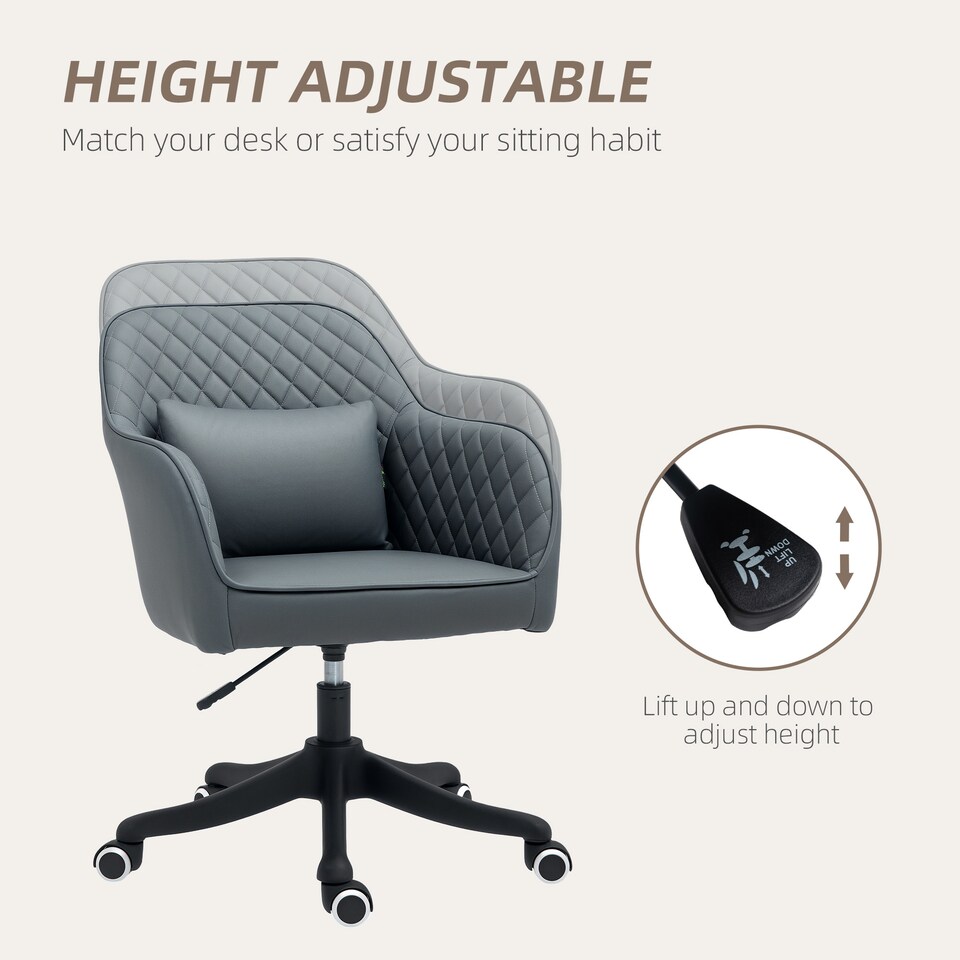 image 1 of Vinsetto Microfiber Office Chair, Desk Chair, Makeup Vanity Chair with Massage Lumbar Pillow and Rolling Wheels for Bedroom and Home, Grey