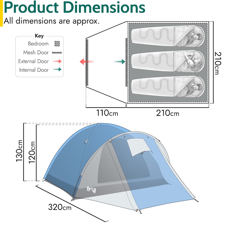 image 1 of Bracken 3 Man Tent With Porch Waterproof at 3000mm HH Camping Festival Trail | Blue | 1