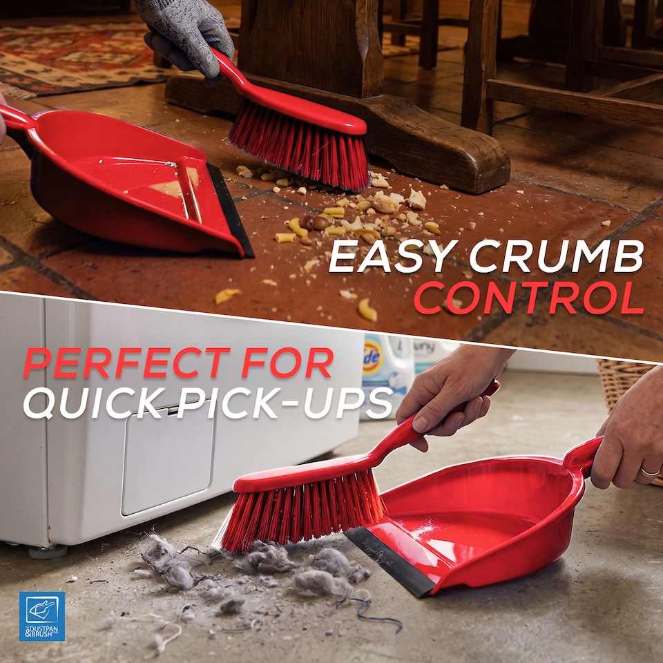 image 1 of Colour Coded Dustpan and Brush Sets Wide Plastic Dustpan with Rubber Lip and Soft Bristle Brush