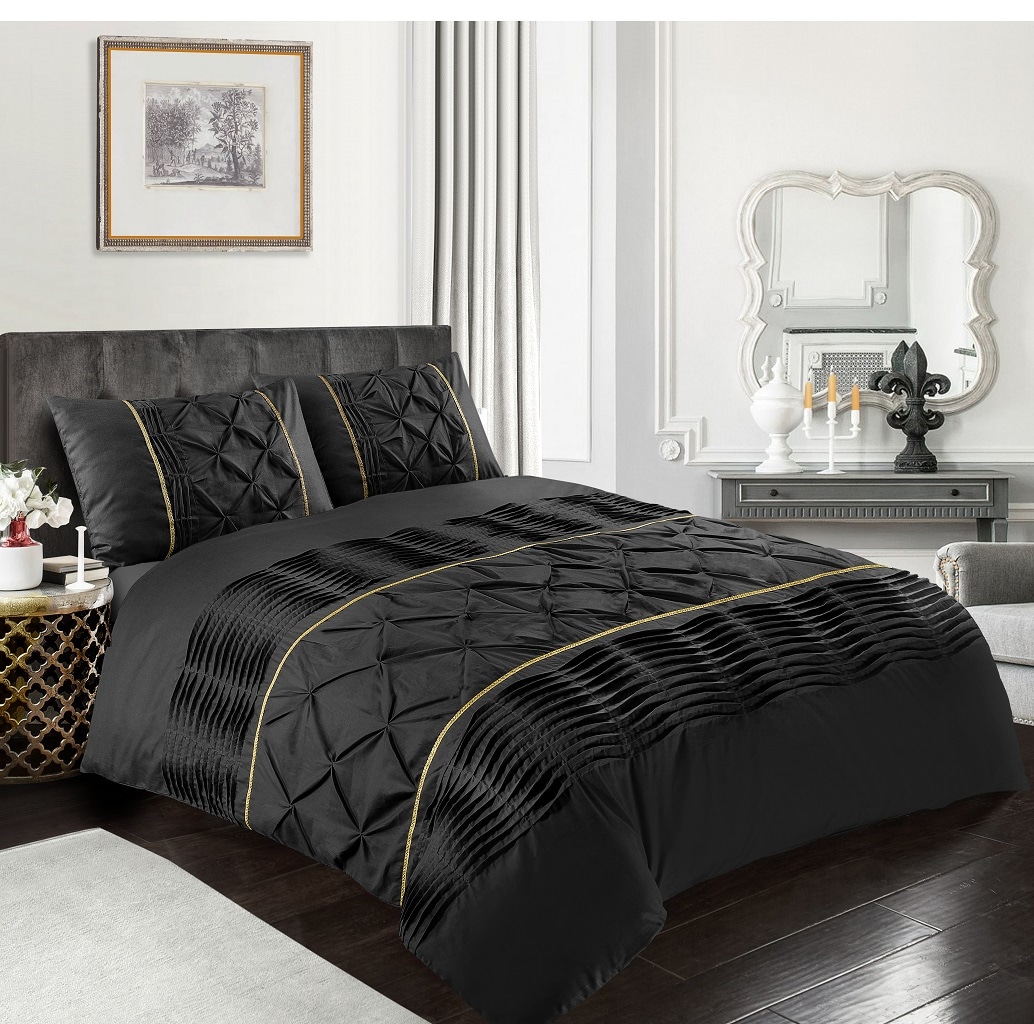 Homes Linen Duvet Cover Set Black Eleanor Pintuck Stripes Luxury Quilt Cover Sets Soft Poly Cotton Easy Care Bedding Set Black King
