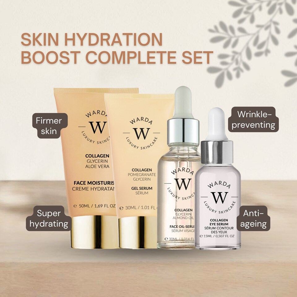 image 1 of Warda Luxury Skincare Skin Lifter Boost Collagen Moisturiser 50ml + Skin Lifter Boost Collagen Eye Serum 15ml + Skin Lifter Boost Collagen Gel Serum 30ml + Collagen Skin Lifter Boost Oil Serum 30ml