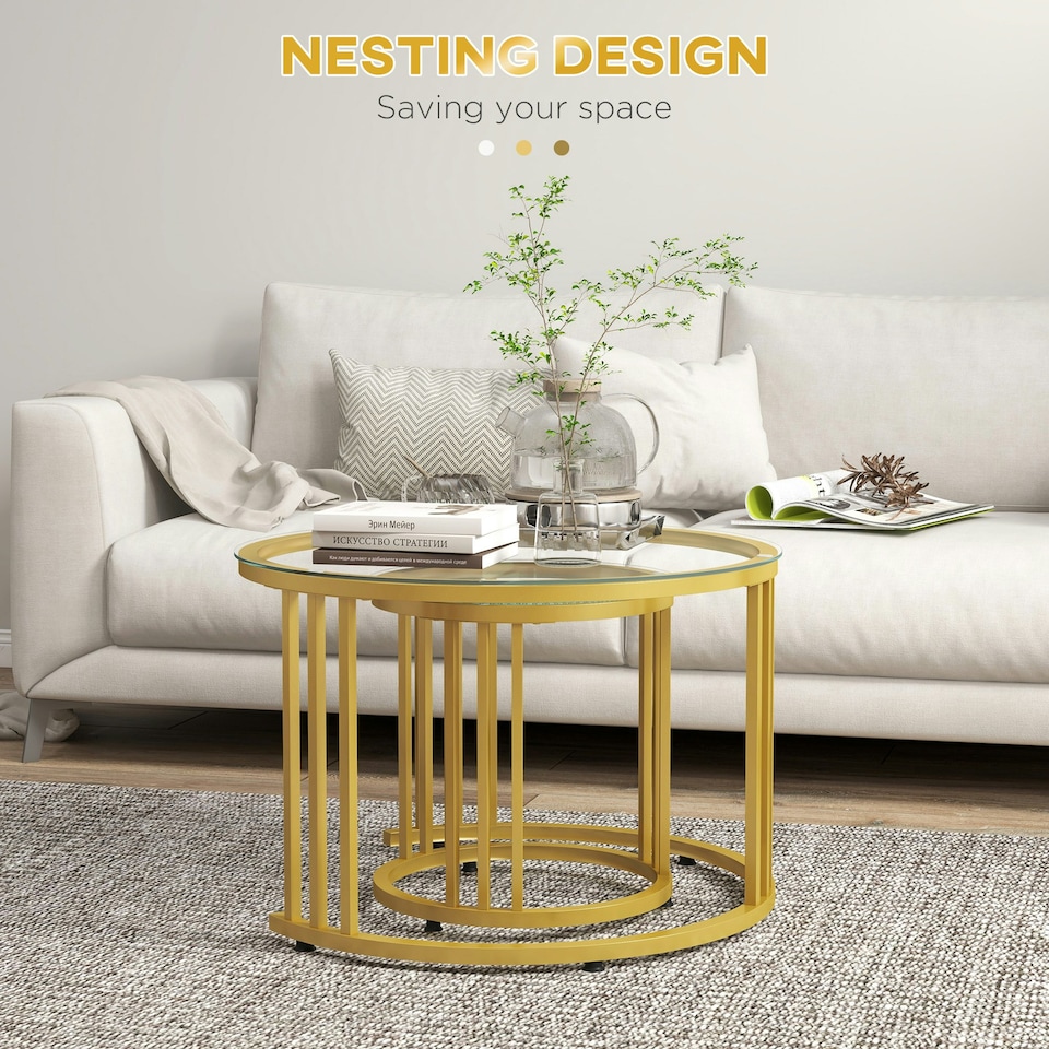 image 1 of HOMCOM 2 Pieces Round Nesting Coffee Tables with Tempered Glass Top, Gold Tone | Gold | 60x60x47