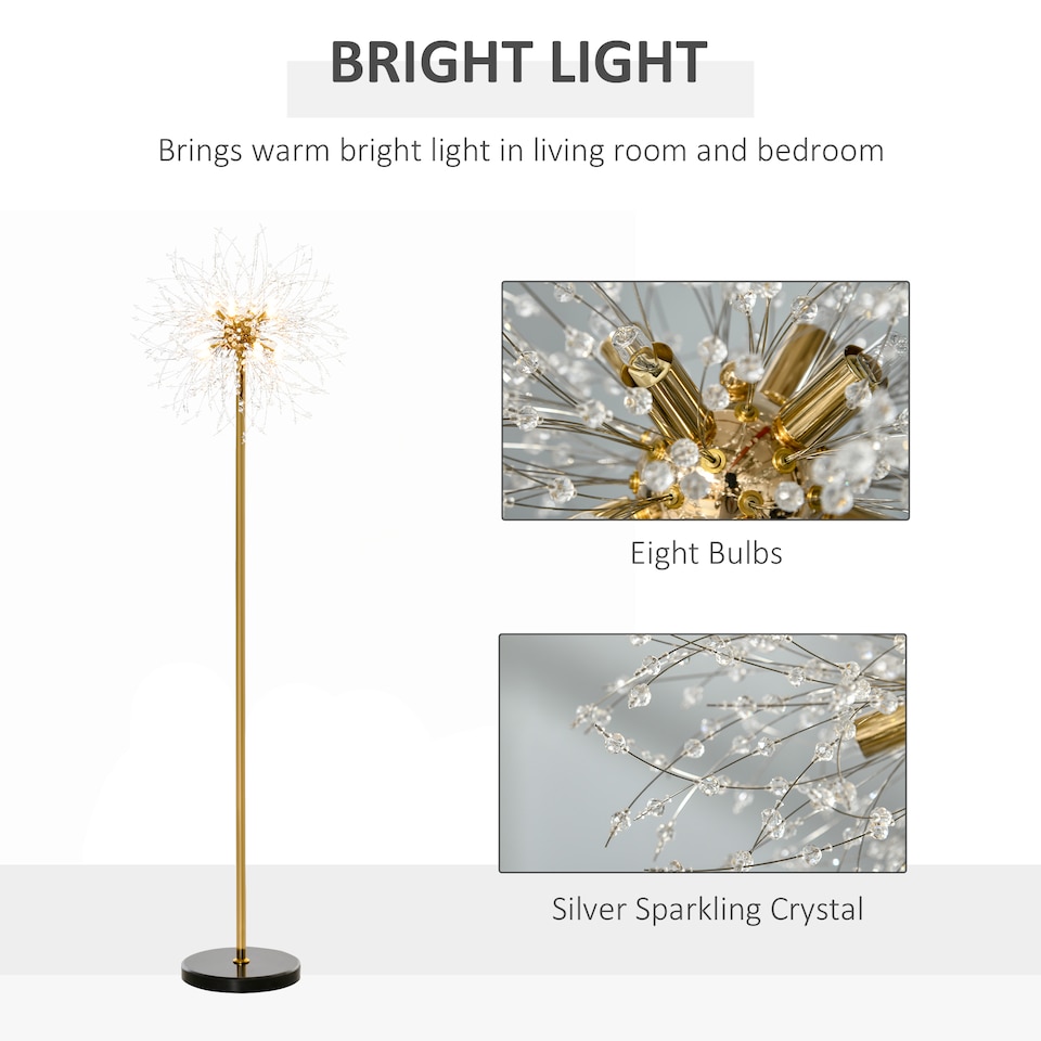 image 1 of HOMCOM Floor Lamp, Crystal Fireworks Standing Lamp, Metal Golden Pole Tree Lighting with Foot Switch, 8 Lights, G9 Bulb Base, for Living Room, Bedroom