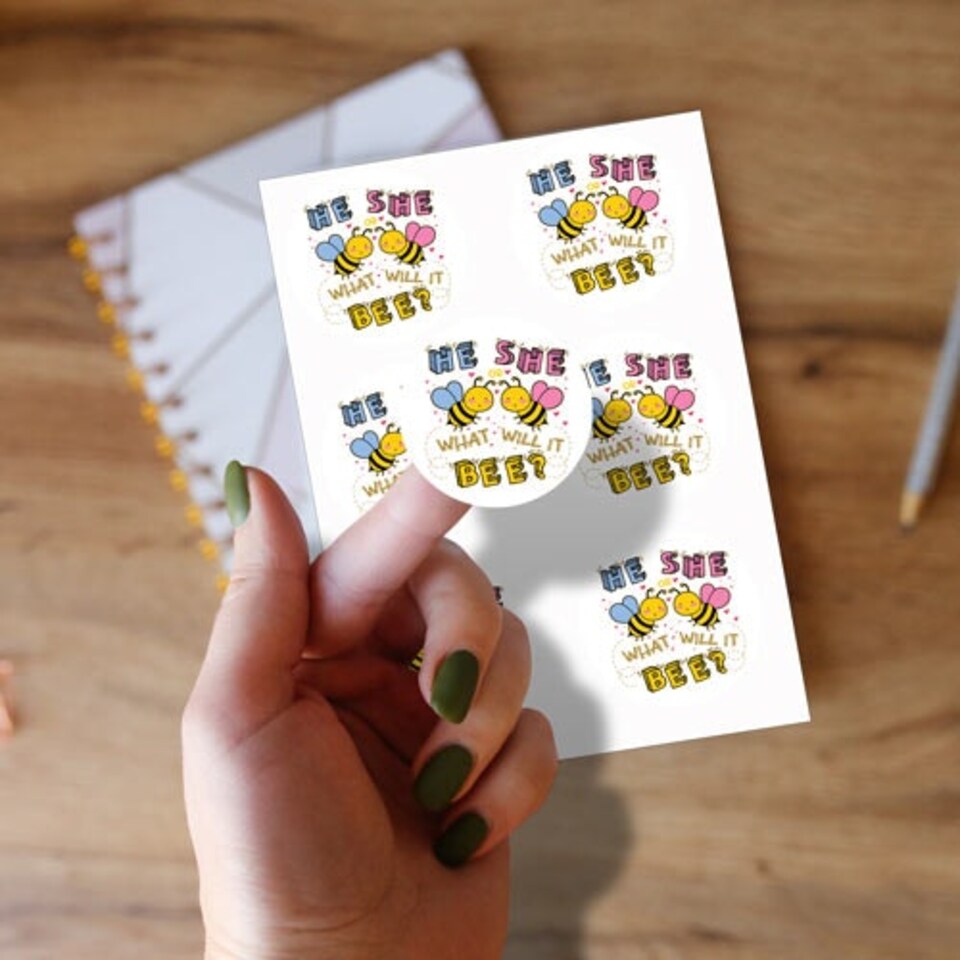 image 1 of What Will it Bee Gender Reveal Round Stickers 88mm - Sheet of 6