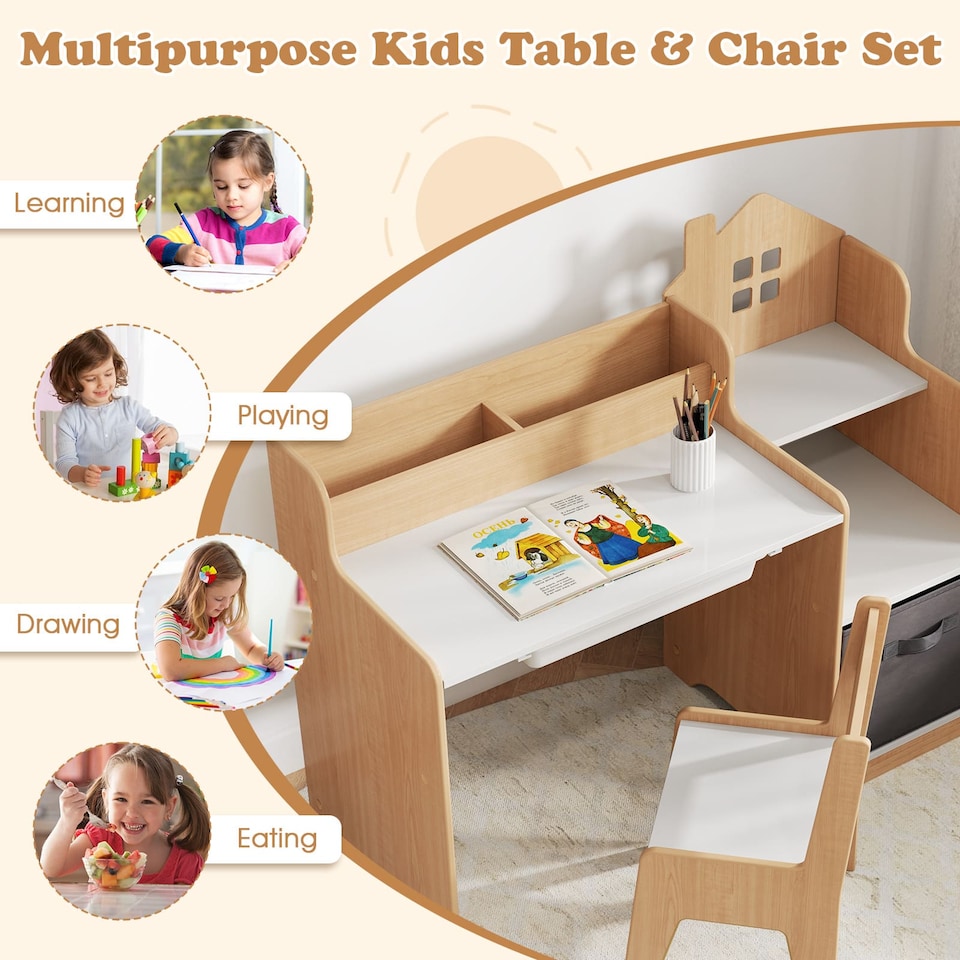 image 1 of COSTWAY Kids Study Desk and Chair Set Children Table Natural