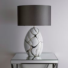 Tall White and Silver Table lamp in a Ceramic Finish and Dark Grey lampshade Pebble Style Base Finish White