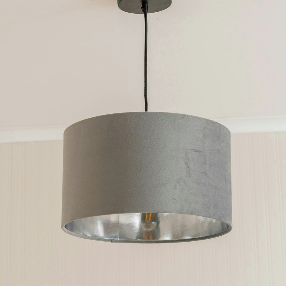 image 1 of ValueLights Reni Medium Grey Velvet Chrome Inner Lamp Shade & Bulb Grey