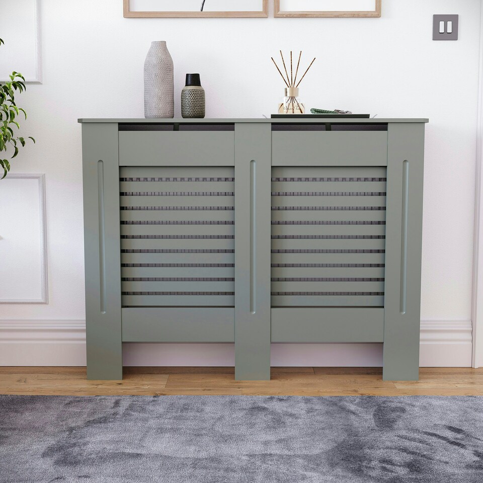 image 1 of Vida Designs Milton Radiator Cover Painted MDF Slatted Cabinet, Grey, 111cm