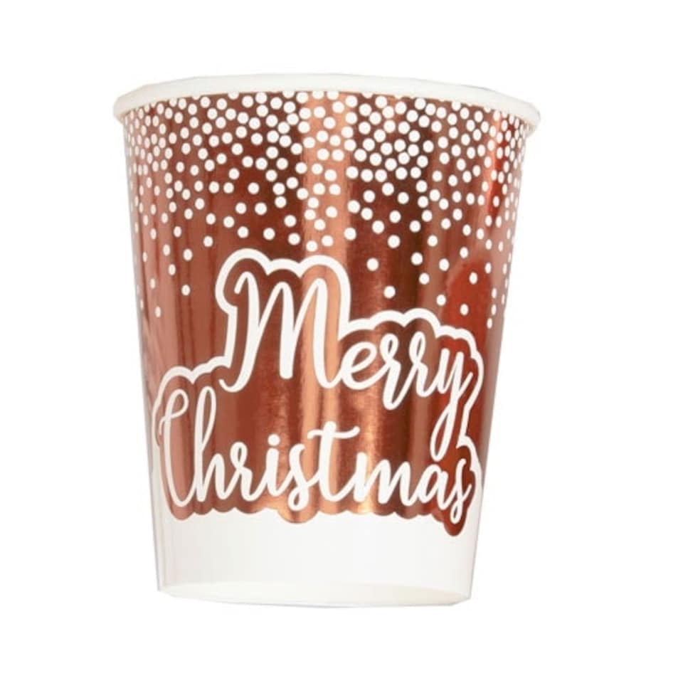 Foil Rose Gold & White Dots Merry Christmas Paper Cups 270ml - Pack of 8