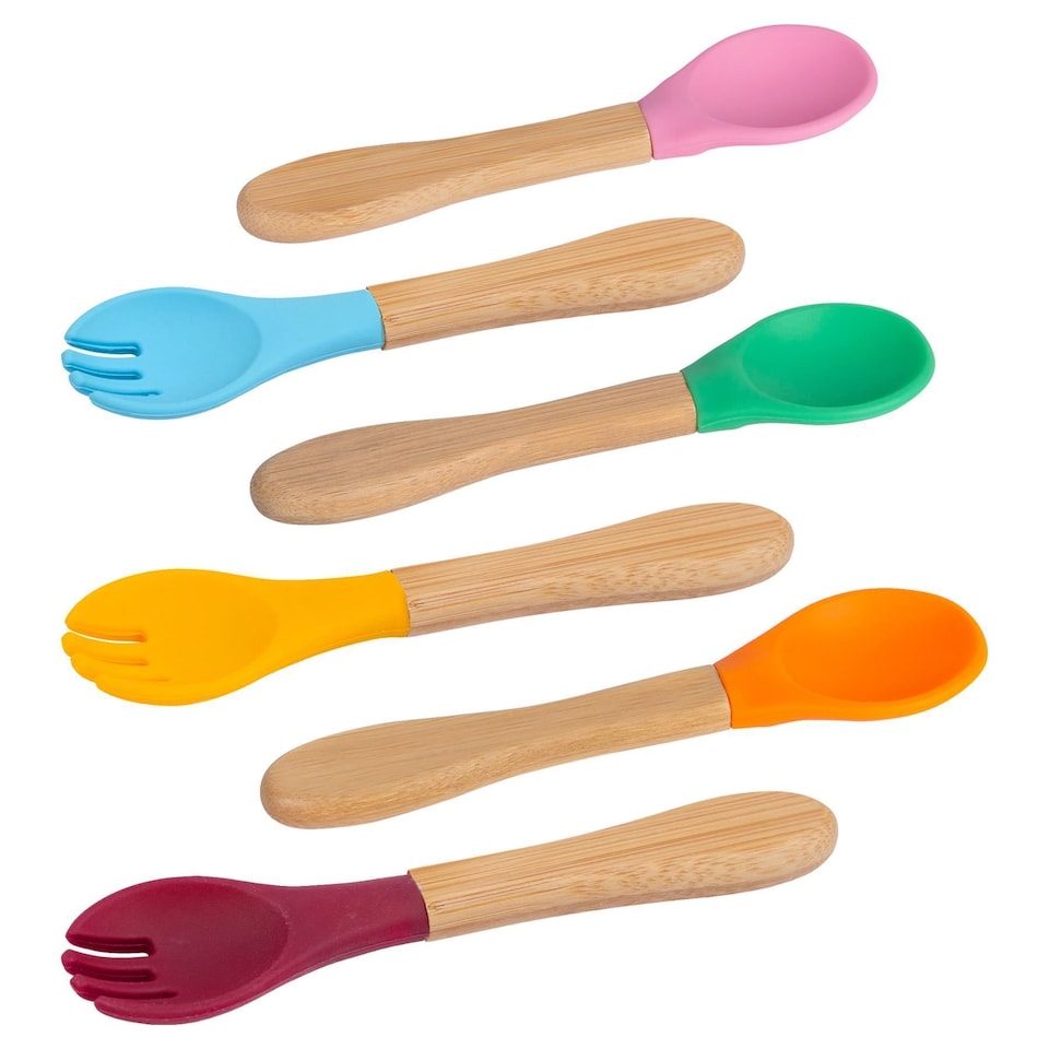 image 1 of Tiny Dining Bamboo Silicone Tip Fork & Spoon Set - Beige - Children's Baby Toddler Soft Curved Feeding Weaning Cutlery
